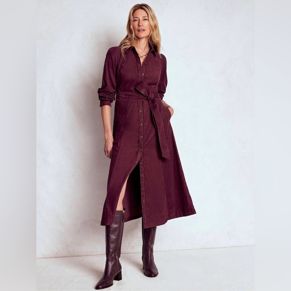NWT Boden Clara Cord Midi Dress Burgundy Red Tie Waist Size 6